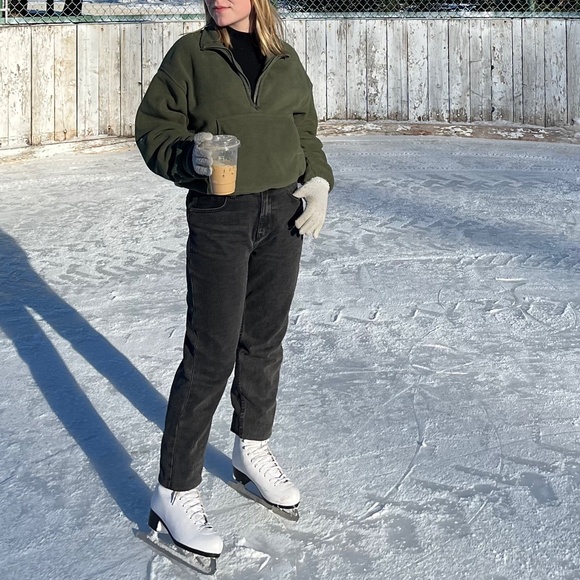 Olive Green Cropped 1/4 Zip Fleece Sweatshirt - Picture 4 of 4